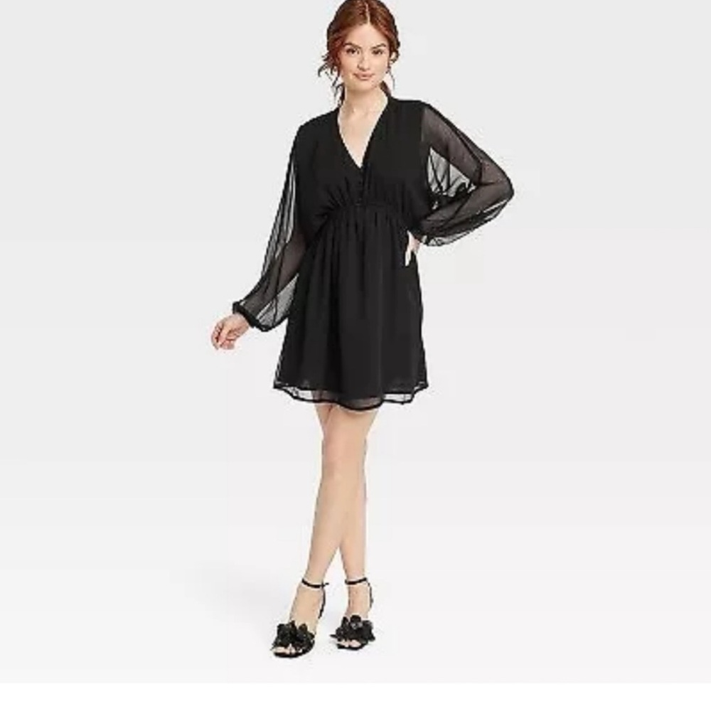 NWT Women's Balloon Long Sleeve Mini Dress - A New Day Black M